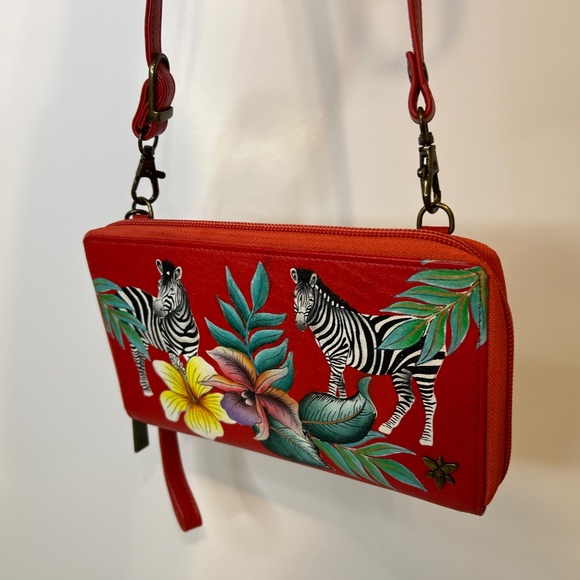 Anuschka Zebra Red Hand-Painted Leather Floral Convertible Crossbody Wallet NWOT - Picture 5 of 16
